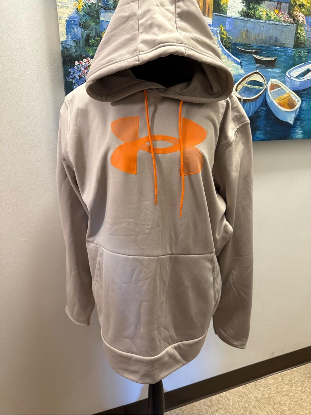 Under Armour Beige Hoodie with Orange Logo and Drawstrings